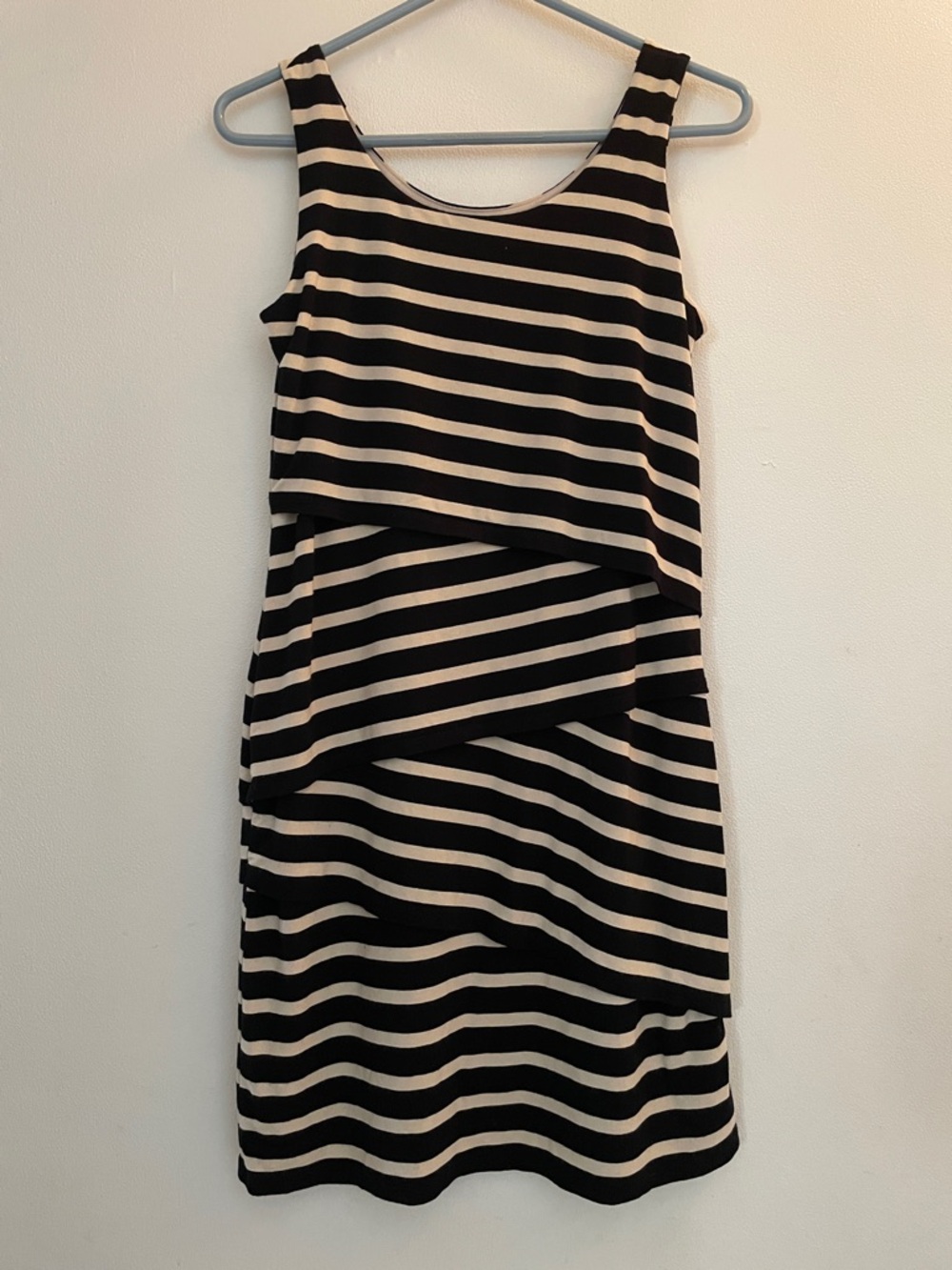 LOFT Black and Cream Striped Asymmetrical Tank Dress